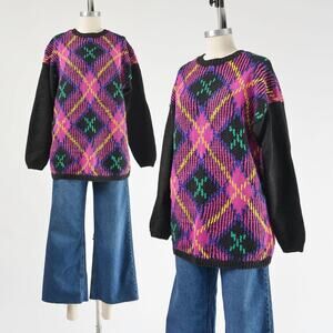 Vintage 90s Black and Pink Plaid Chunky Knit Cotton Ramie Oversized Sweater S